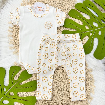 Conj. Body Little Flower e Calça Floral - Off White e Mostarda